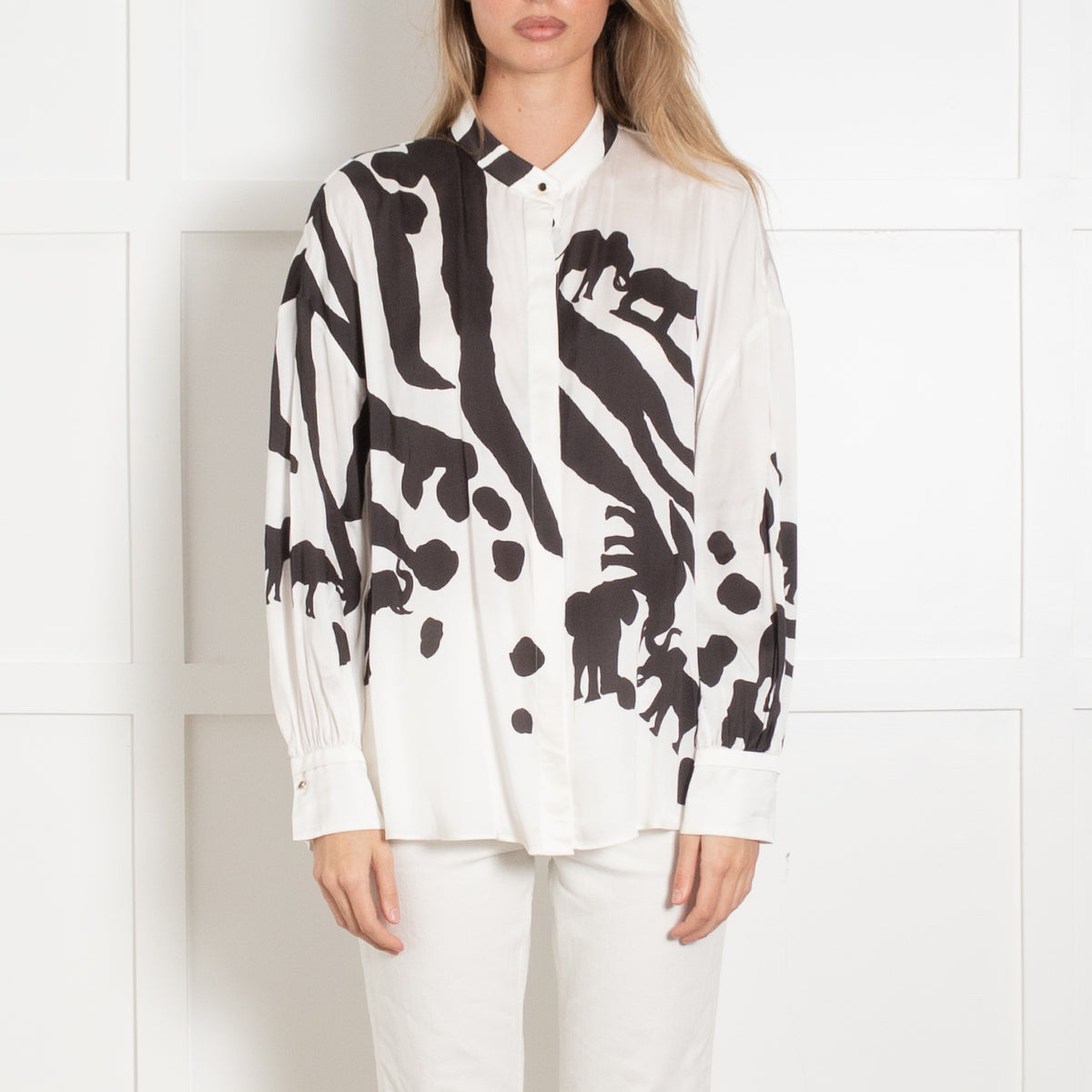 MarcCain Black and White Collarless Animal Silhouette Blouse