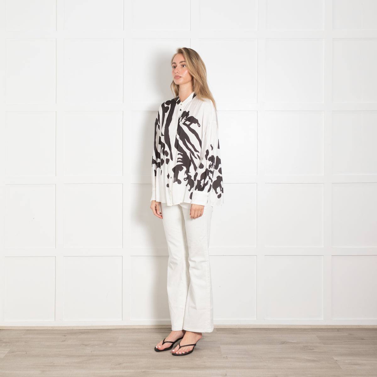 MarcCain Black and White Collarless Animal Silhouette Blouse