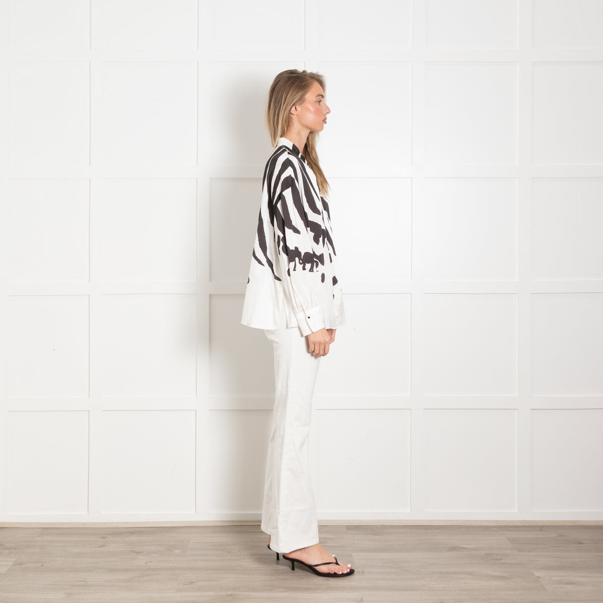 MarcCain Black and White Collarless Animal Silhouette Blouse