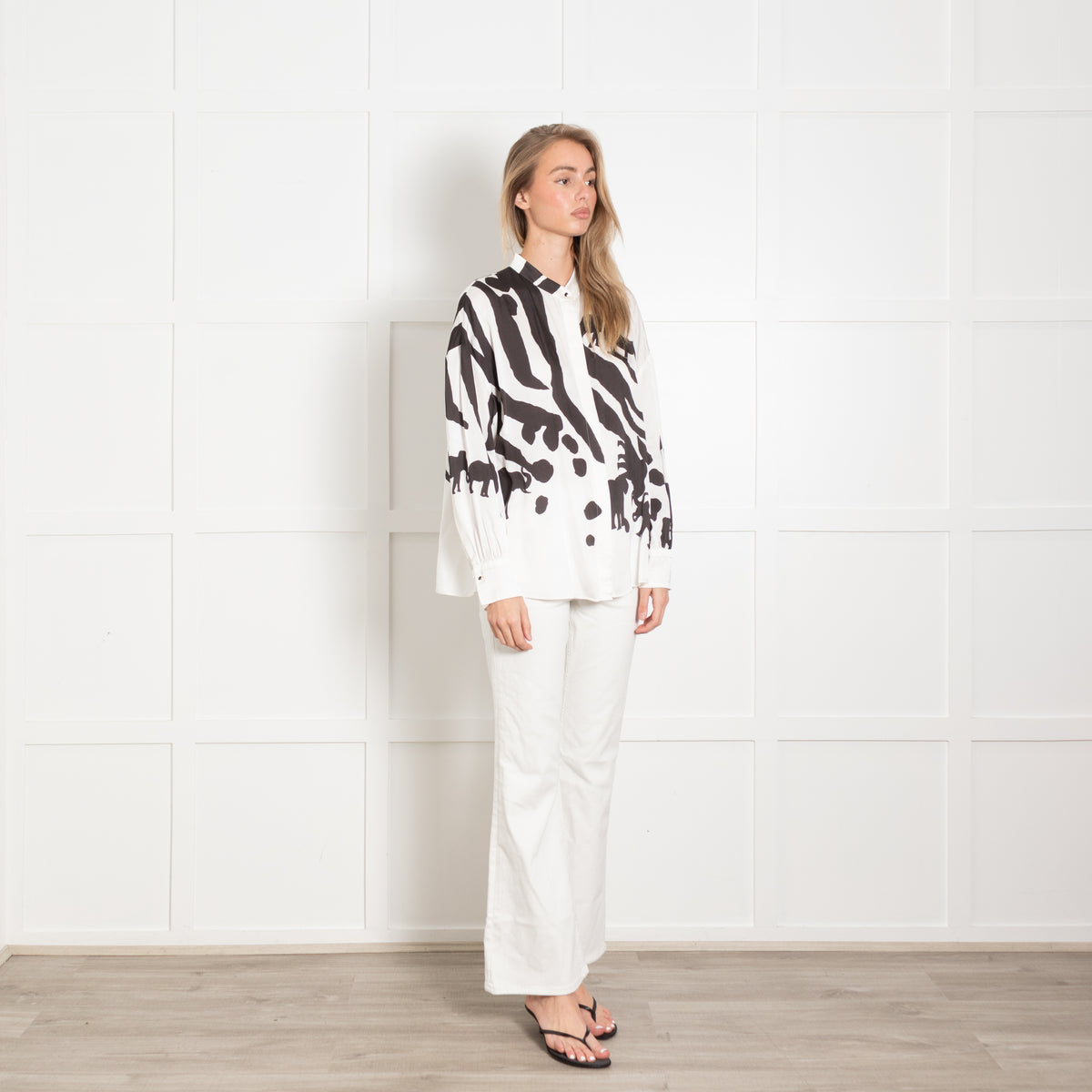 MarcCain Black and White Collarless Animal Silhouette Blouse