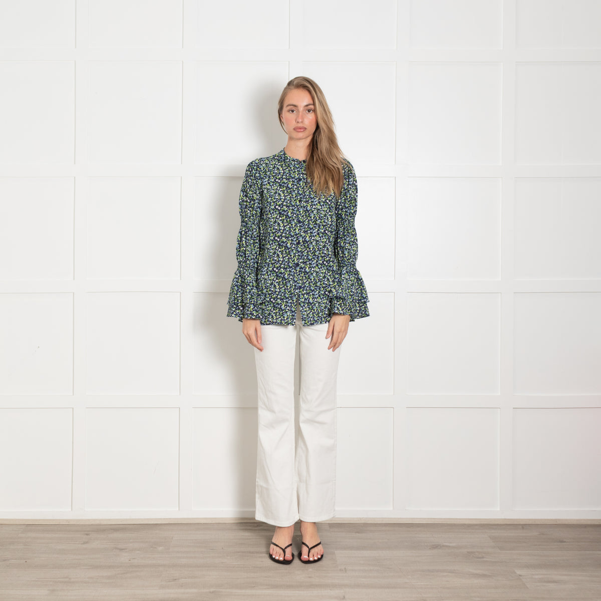 Michael Michael Kors Navy Floral Georgette Frill Sleeve Blouse