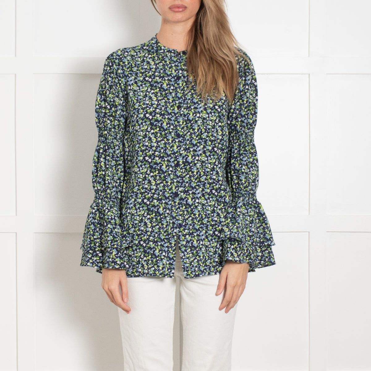Michael Michael Kors Navy Floral Georgette Frill Sleeve Blouse