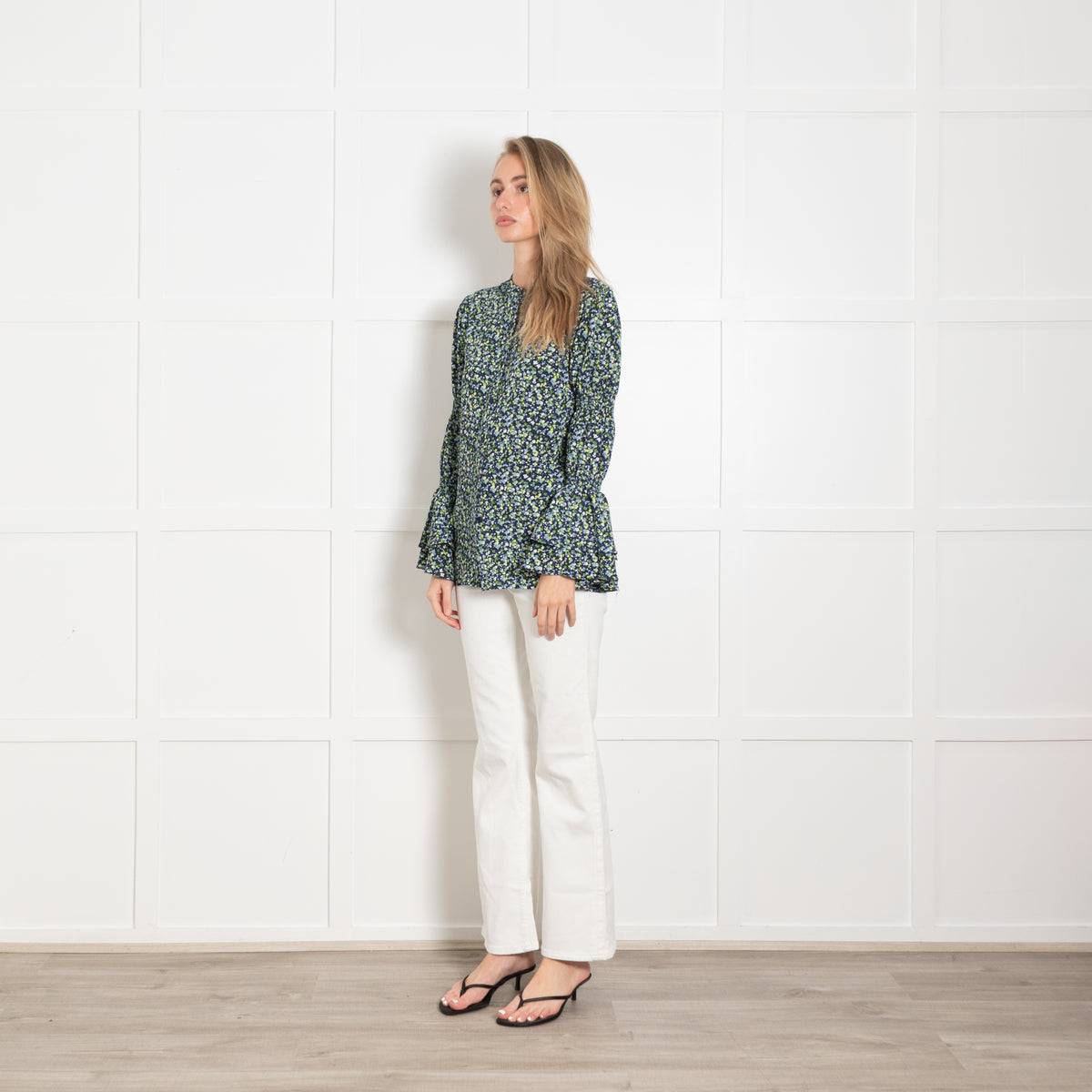 Michael Michael Kors Navy Floral Georgette Frill Sleeve Blouse