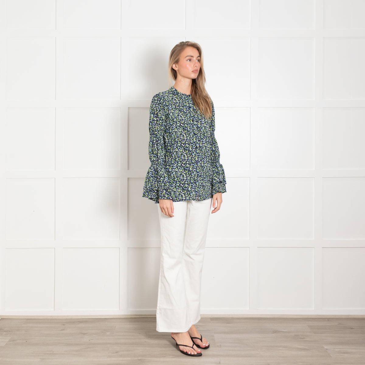 Michael Michael Kors Navy Floral Georgette Frill Sleeve Blouse