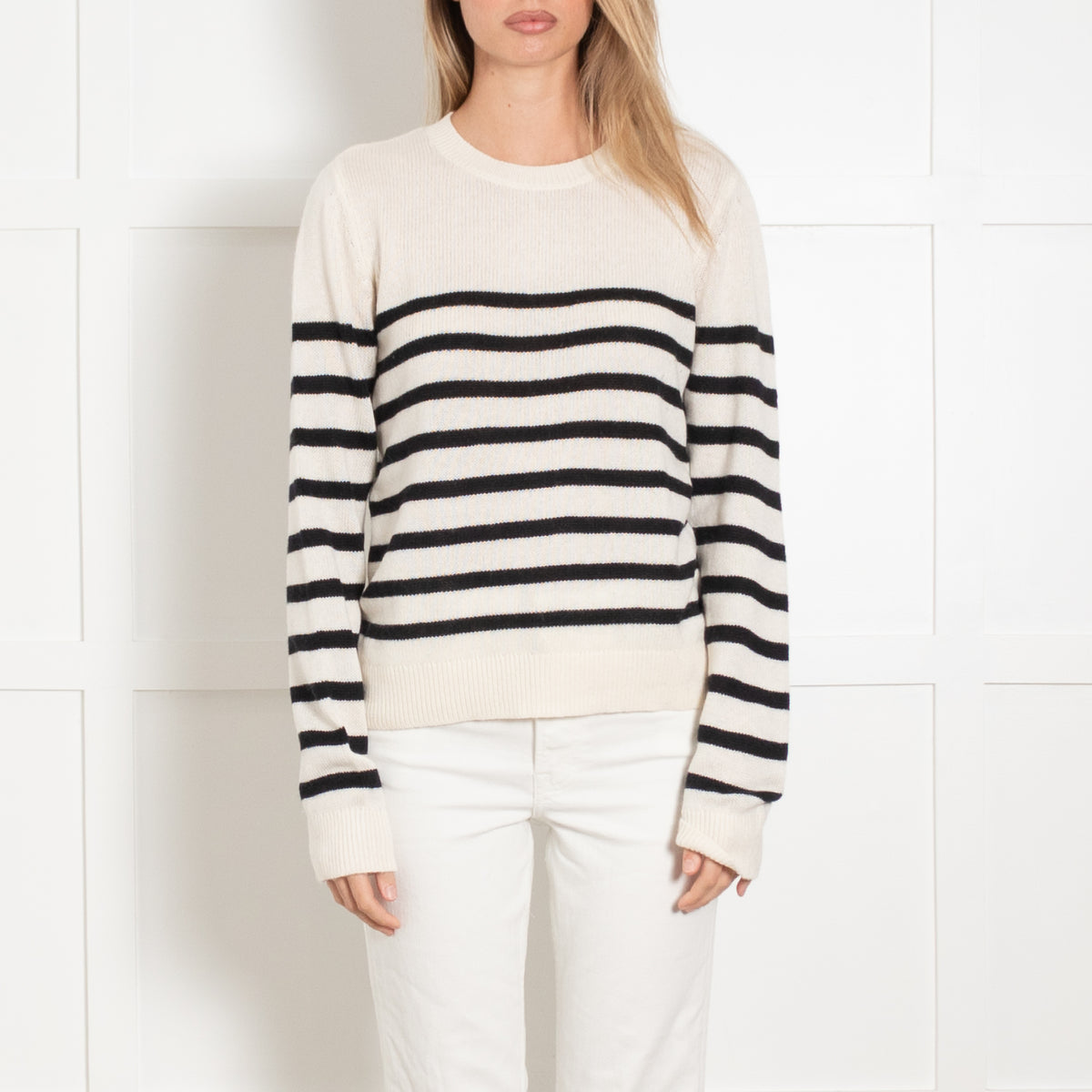 Pieszak Cream and Black Stripe Round Neck Knitted Jumper