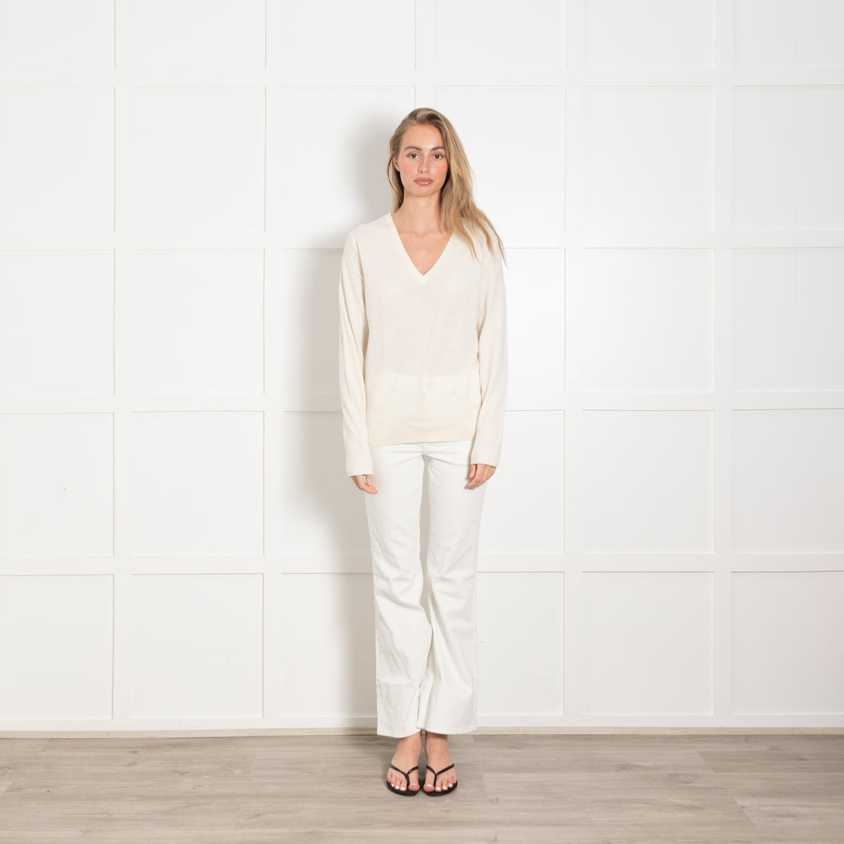 Navy Grey Cream Fine Knit V Neck Jumper