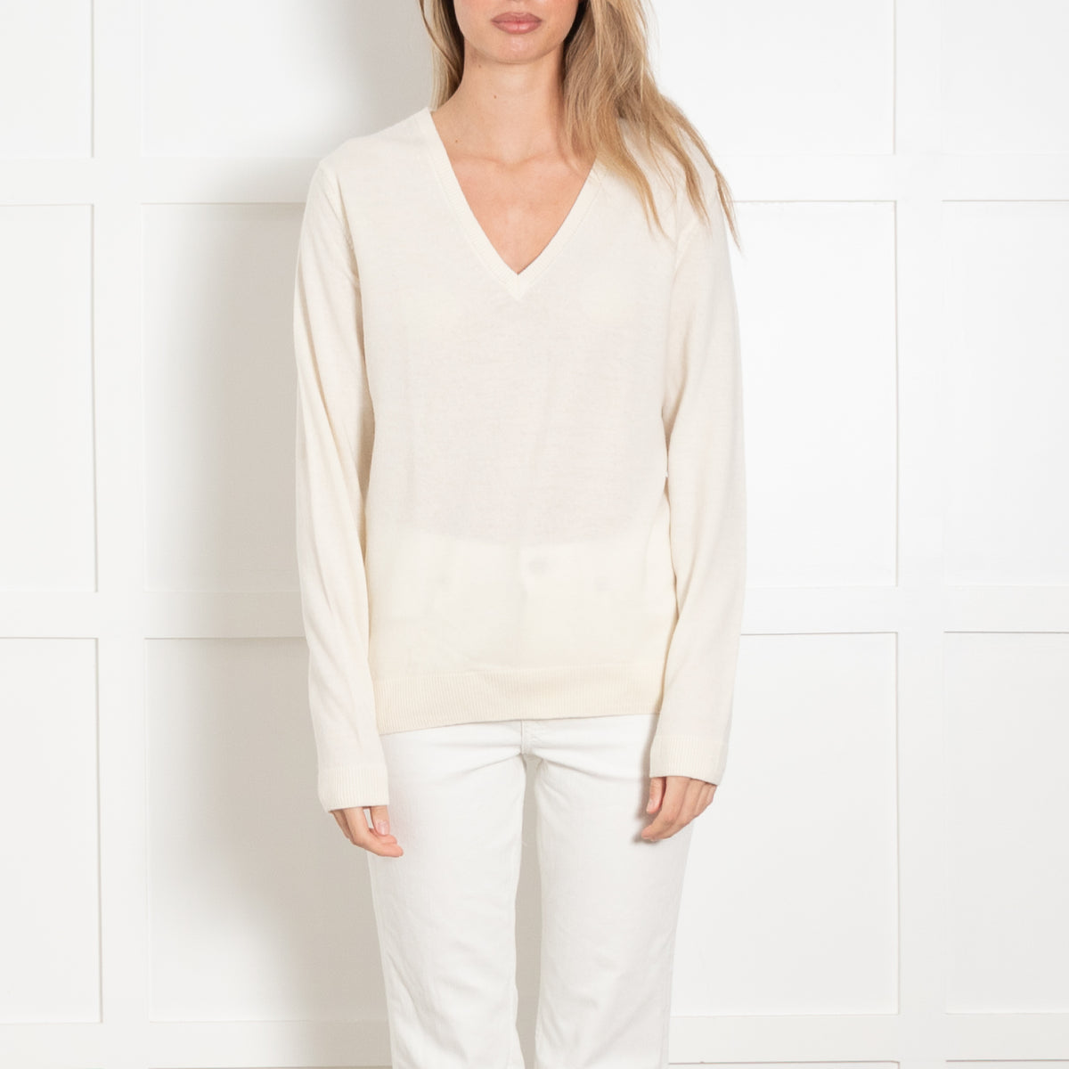 Navy Grey Cream Fine Knit V Neck Jumper
