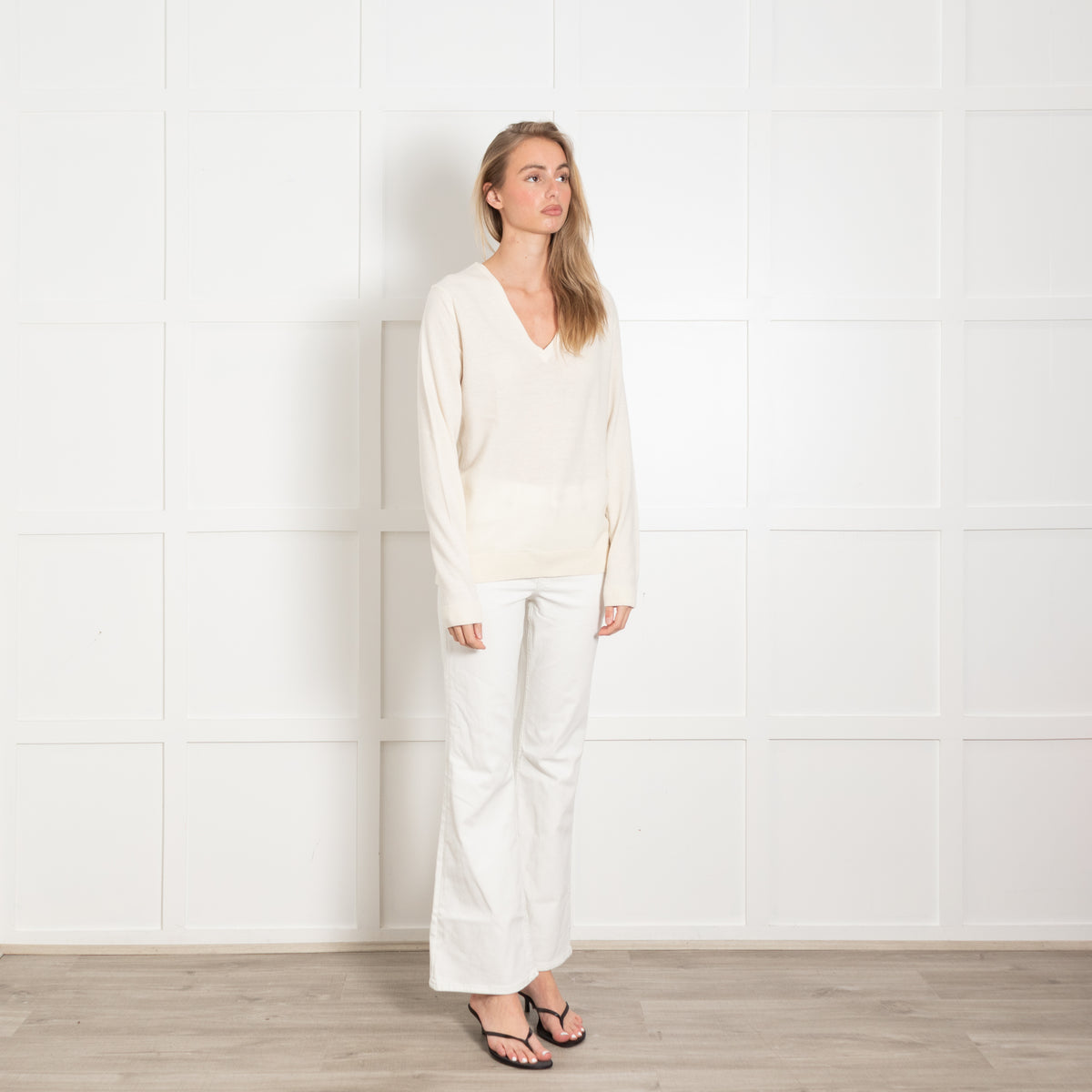 Navy Grey Cream Fine Knit V Neck Jumper