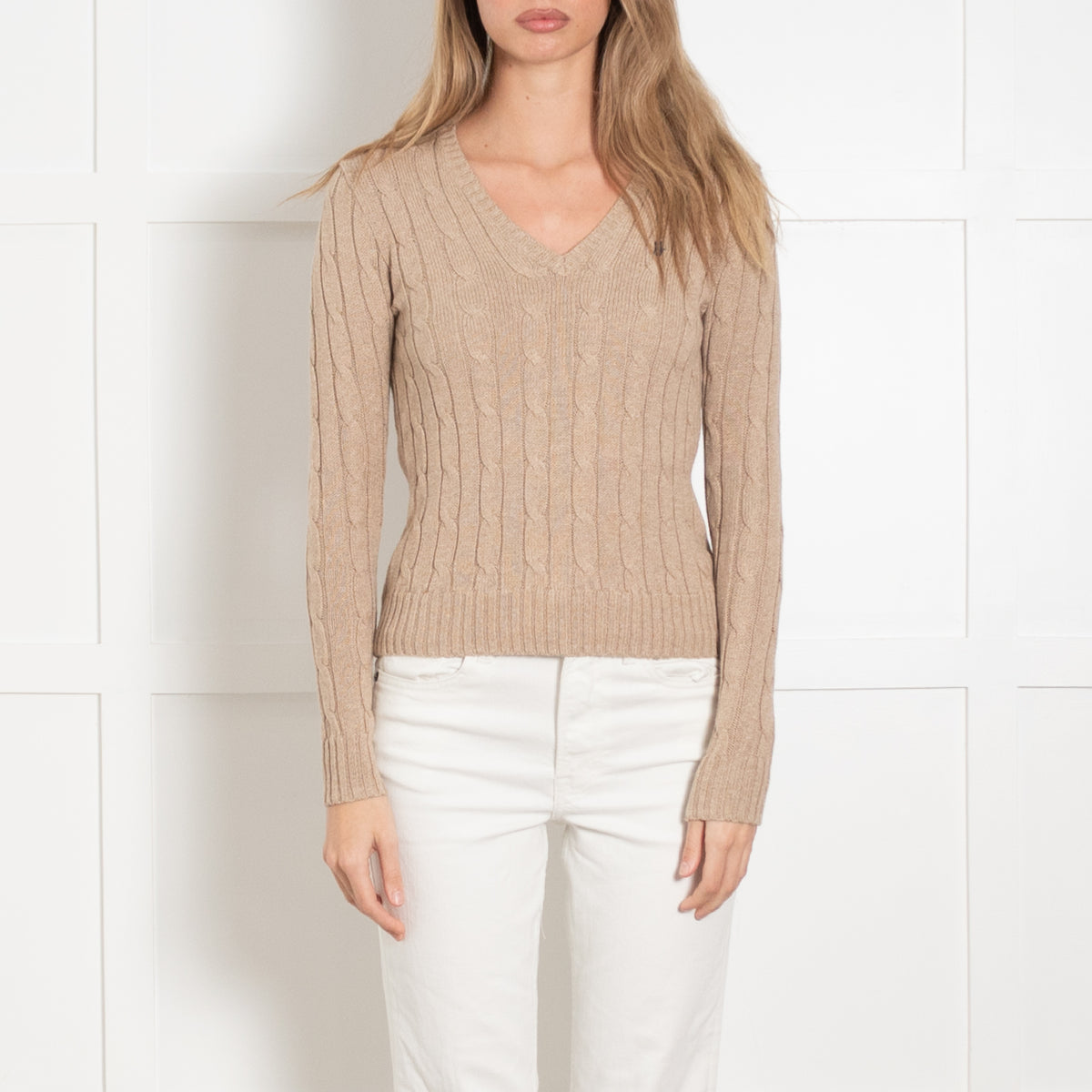 Polo by Ralph Lauren Beige Cotton Cable Knit V Neck Jumper
