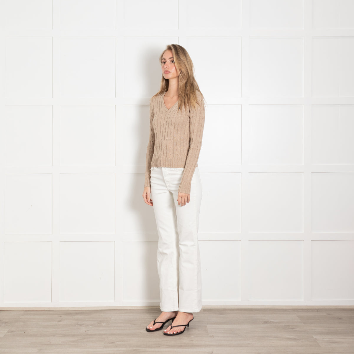 Polo by Ralph Lauren Beige Cotton Cable Knit V Neck Jumper