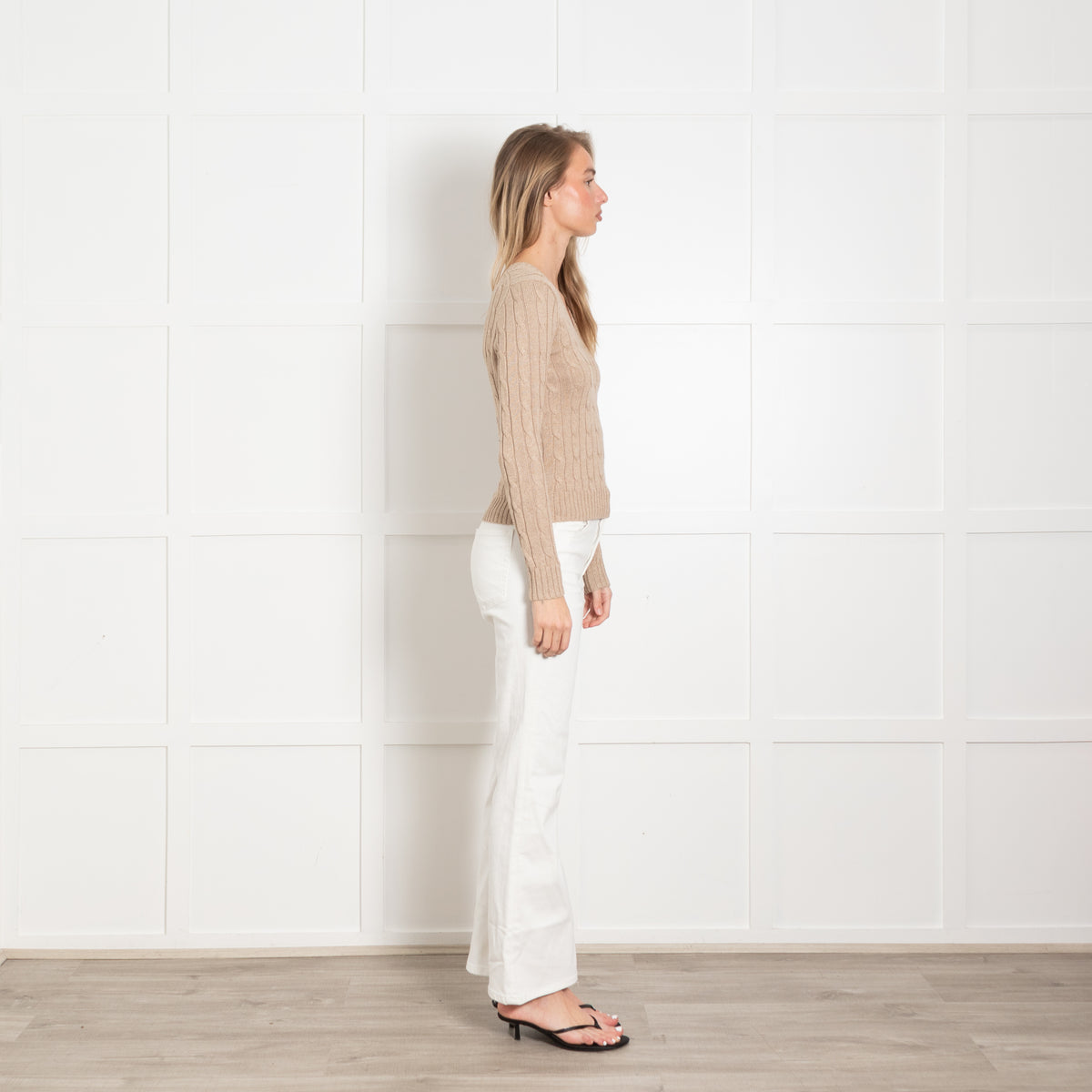 Polo by Ralph Lauren Beige Cotton Cable Knit V Neck Jumper