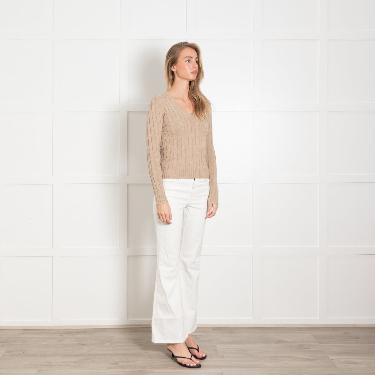 Polo by Ralph Lauren Beige Cotton Cable Knit V Neck Jumper