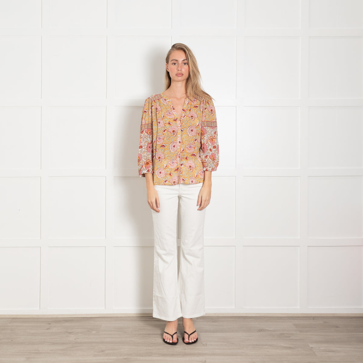 Ba&sh Orange and Pink Floral Block Print Blouse