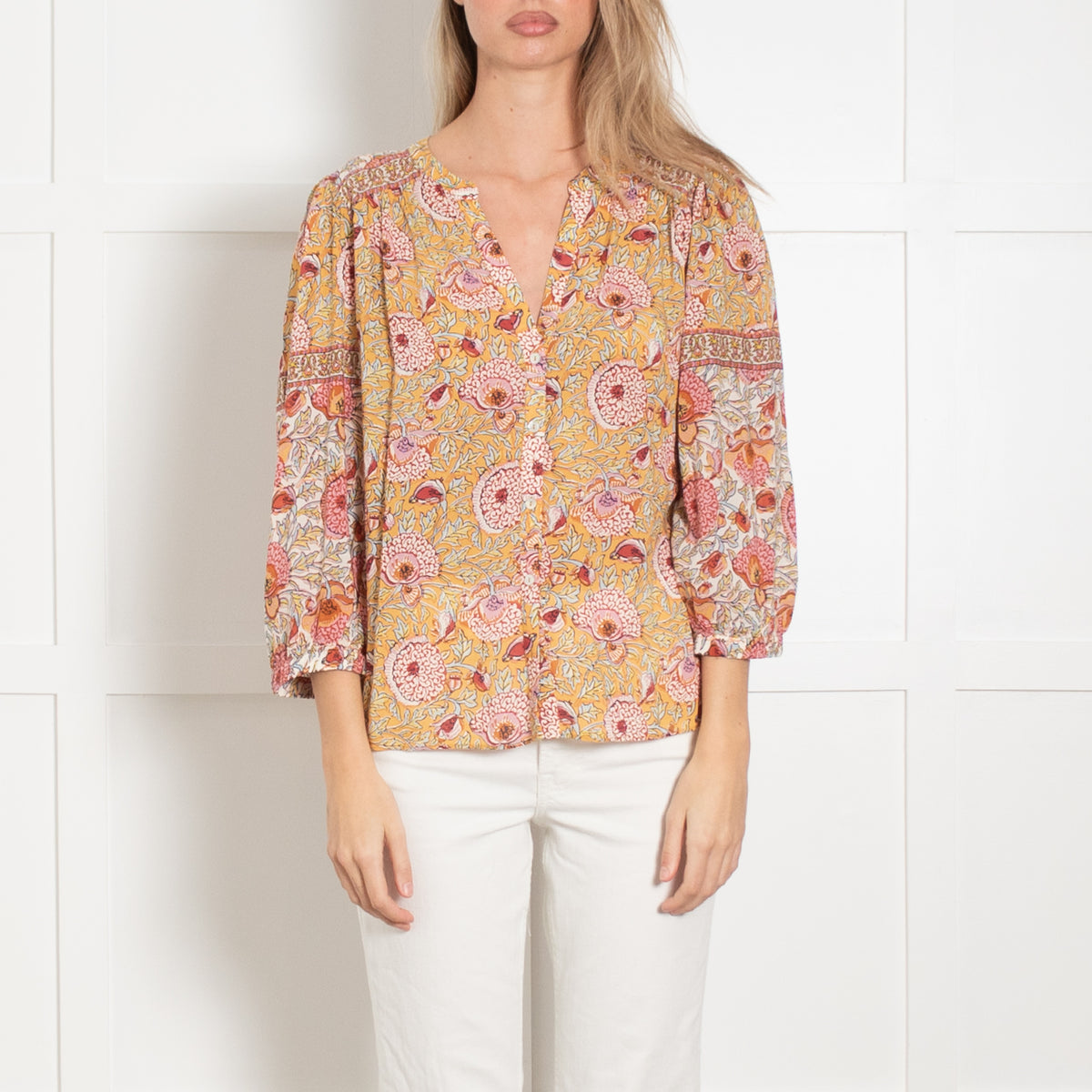 Ba&sh Orange and Pink Floral Block Print Blouse