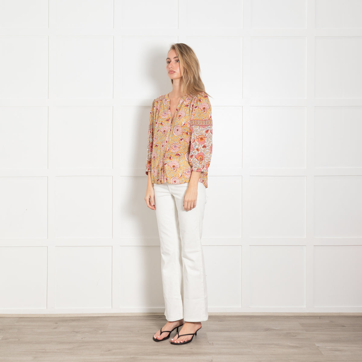 Ba&sh Orange and Pink Floral Block Print Blouse