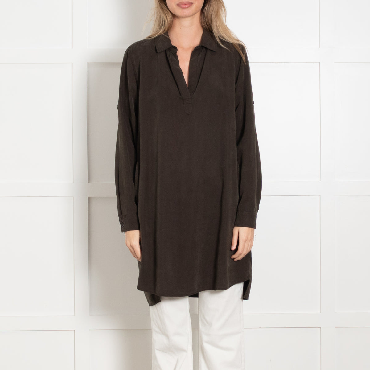 Bella Dahl Brown Collared Open Neck Long Sleeve Tunic Top