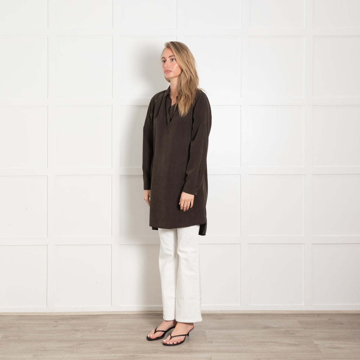Bella Dahl Brown Collared Open Neck Long Sleeve Tunic Top