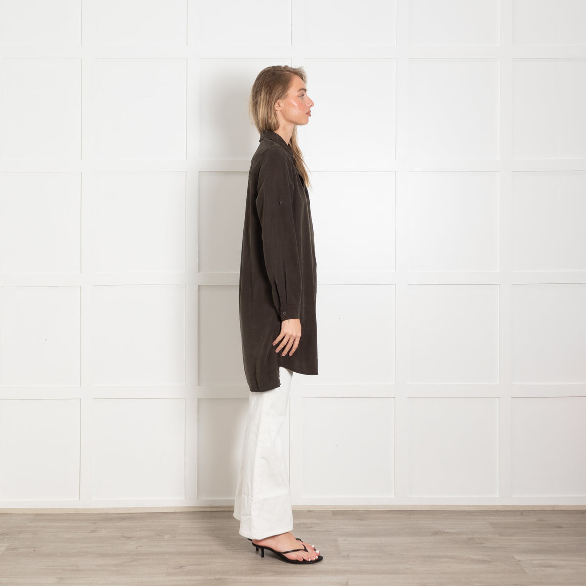 Bella Dahl Brown Collared Open Neck Long Sleeve Tunic Top