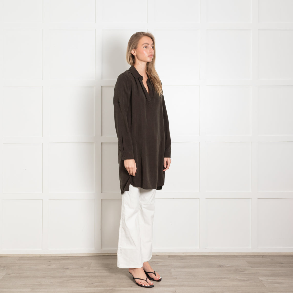 Bella Dahl Brown Collared Open Neck Long Sleeve Tunic Top
