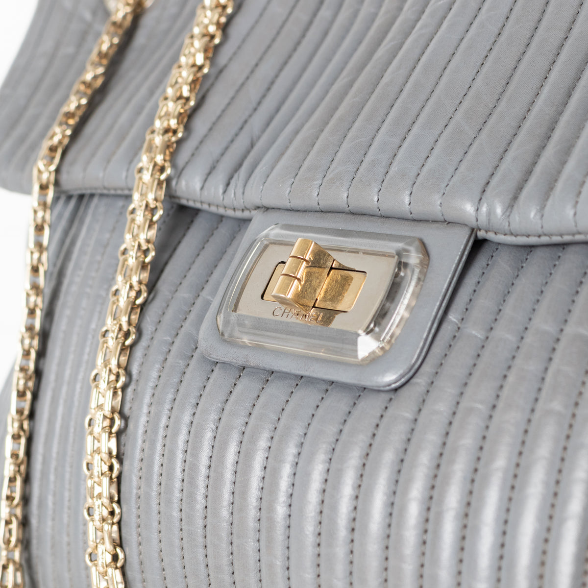 Chanel Grey Vertical Quilt Mademoiselle Lock Bag