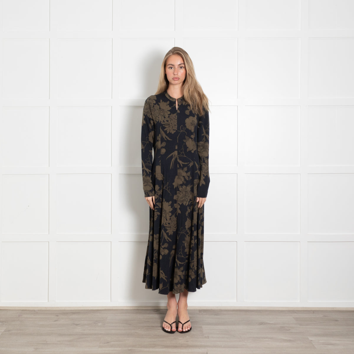 ME + EM Black and Khaki Floral Jersey Zip Front Midi Dress