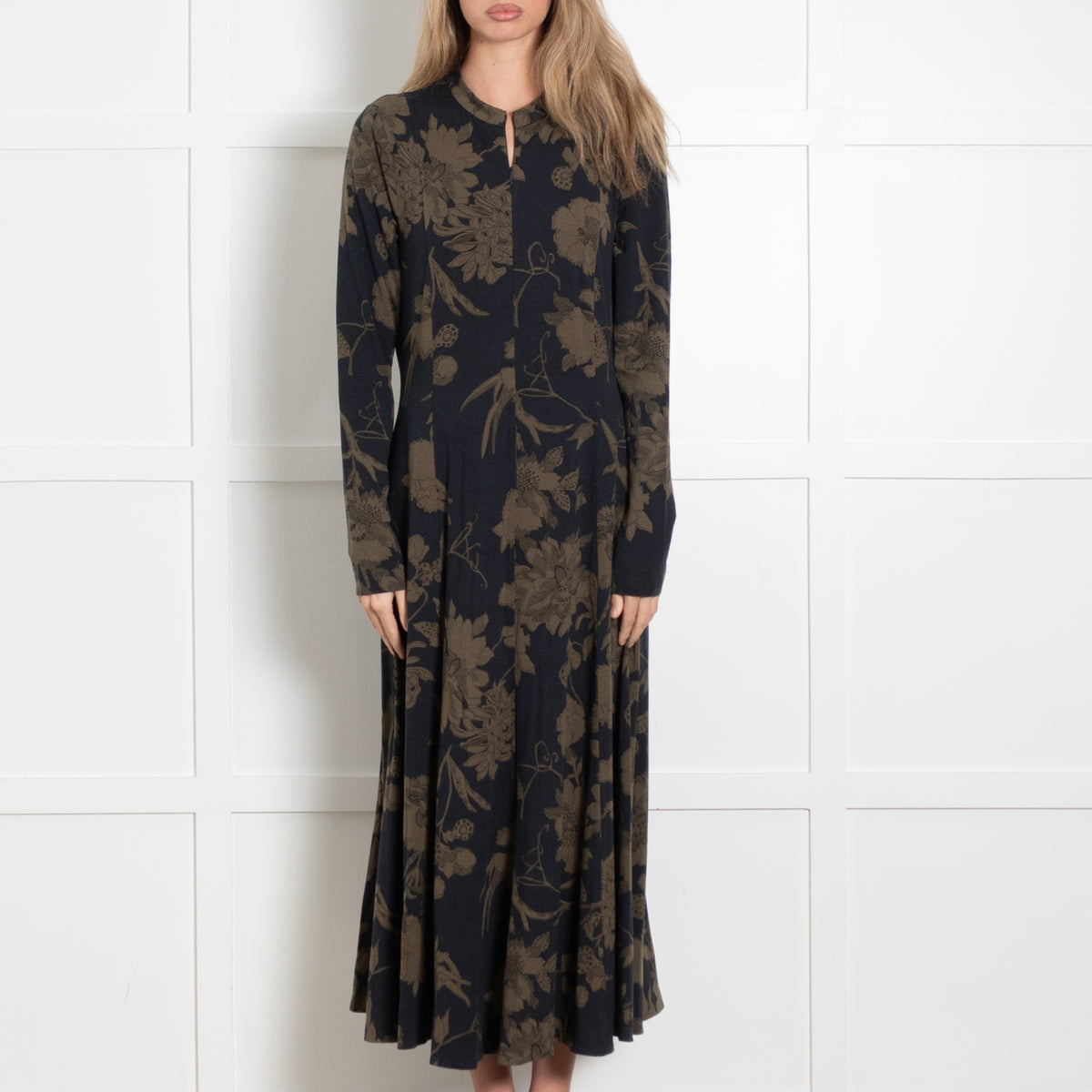 ME + EM Black and Khaki Floral Jersey Zip Front Midi Dress