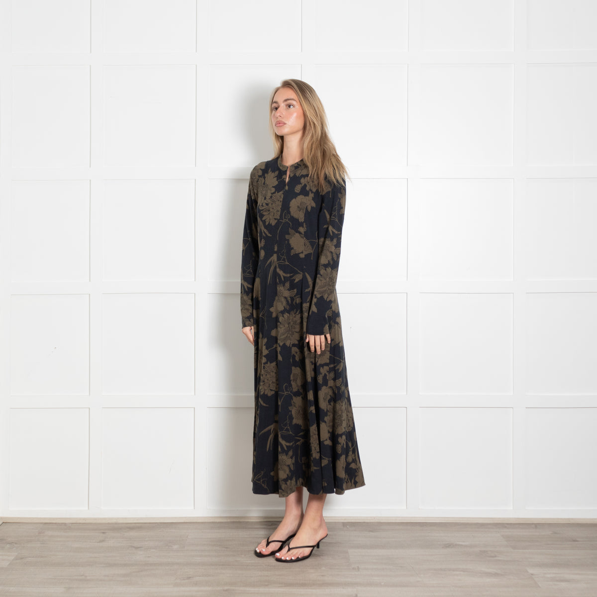 ME + EM Black and Khaki Floral Jersey Zip Front Midi Dress