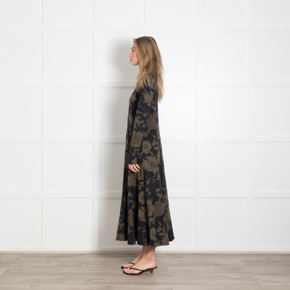ME + EM Black and Khaki Floral Jersey Zip Front Midi Dress