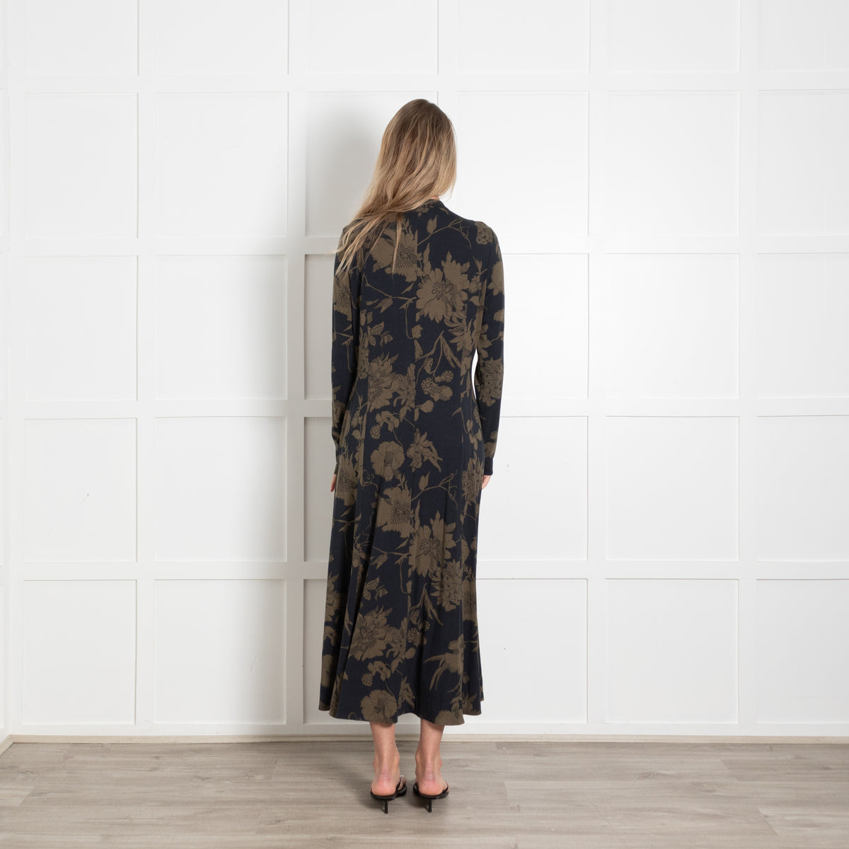 ME + EM Black and Khaki Floral Jersey Zip Front Midi Dress