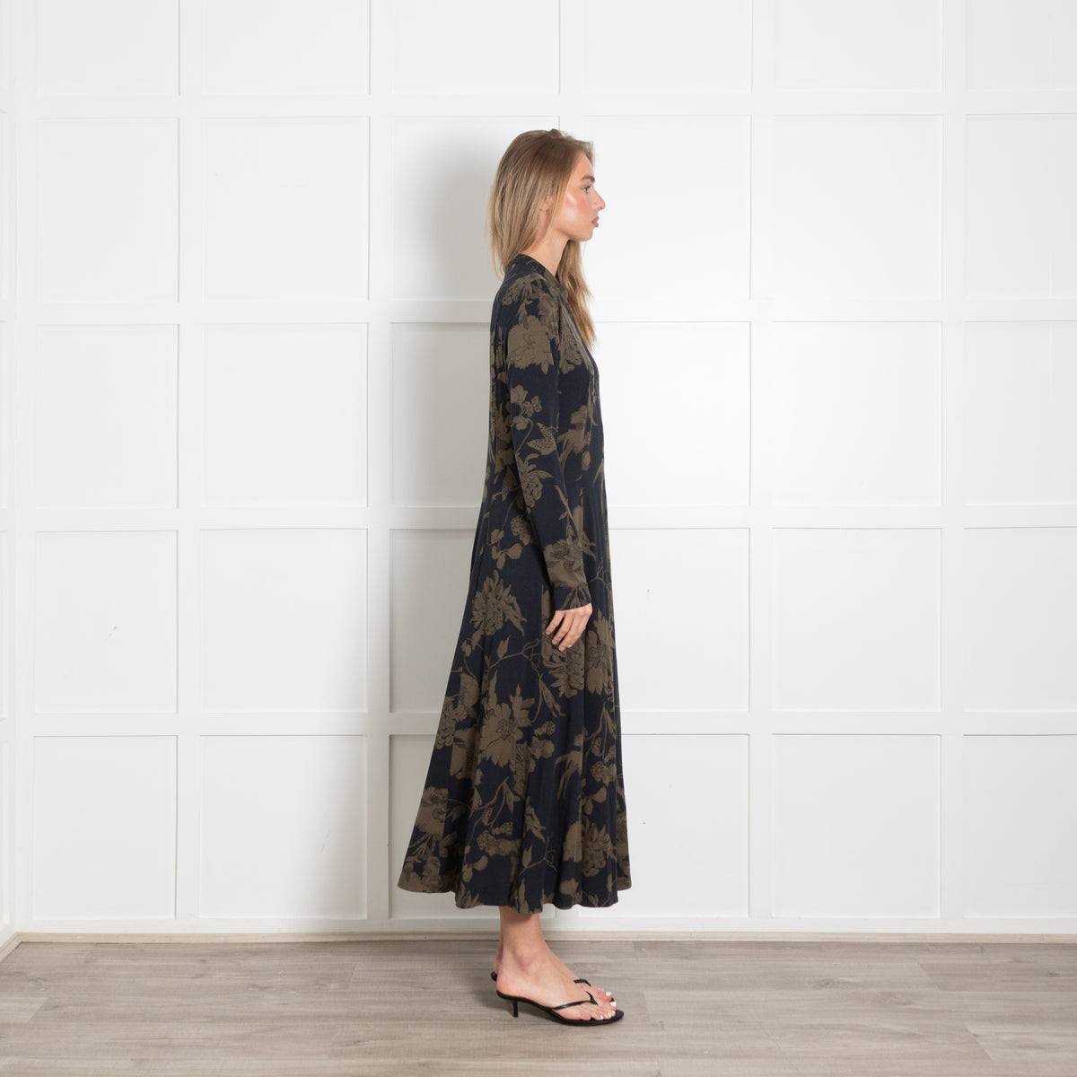 ME + EM Black and Khaki Floral Jersey Zip Front Midi Dress