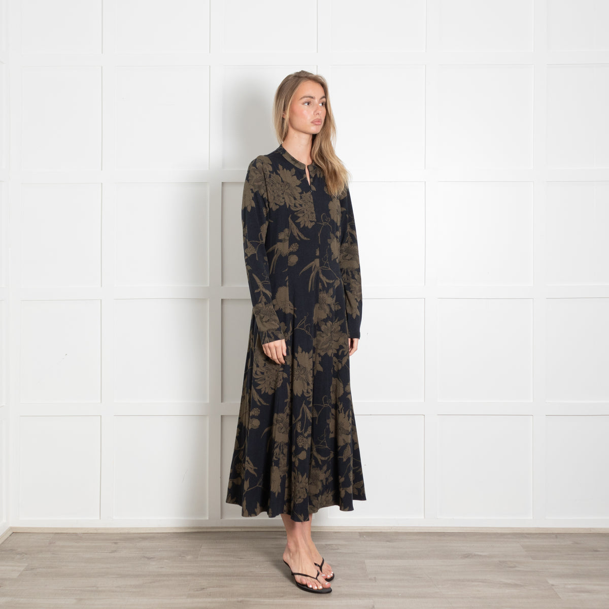 ME + EM Black and Khaki Floral Jersey Zip Front Midi Dress