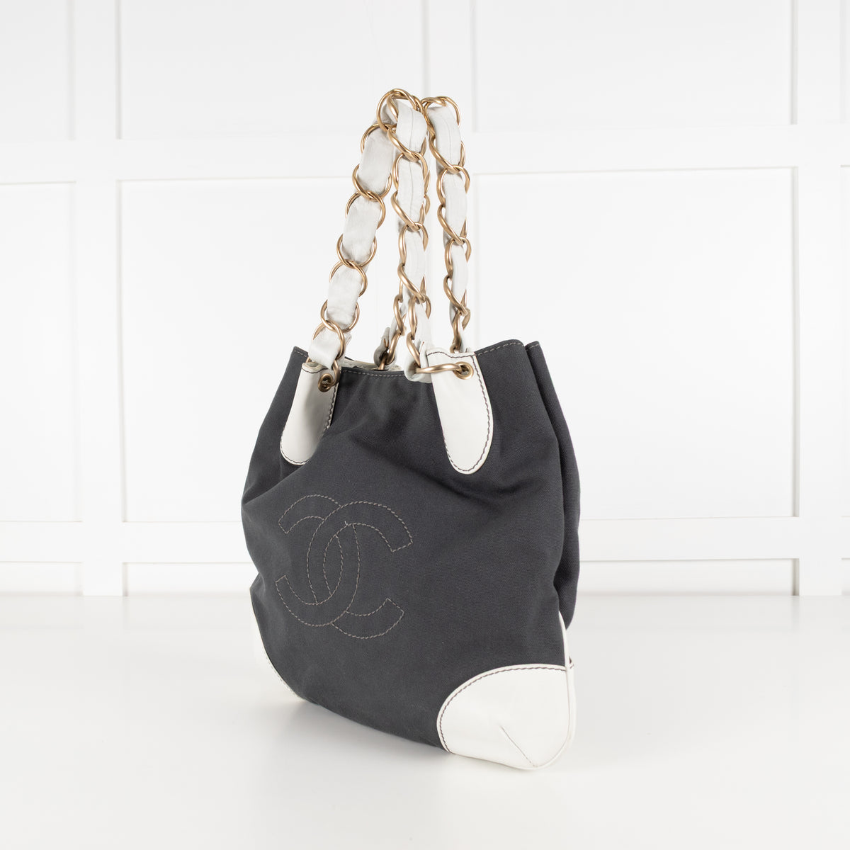 Chanel Canvas Coco Olsen Tote with White Leather Handles