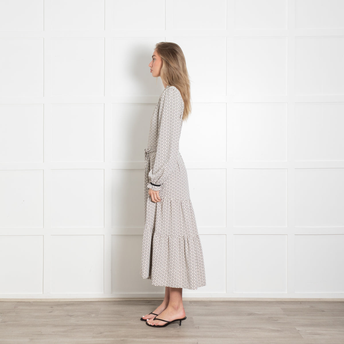 Me + Em Green and White Geometric Maxi Dress with Tie