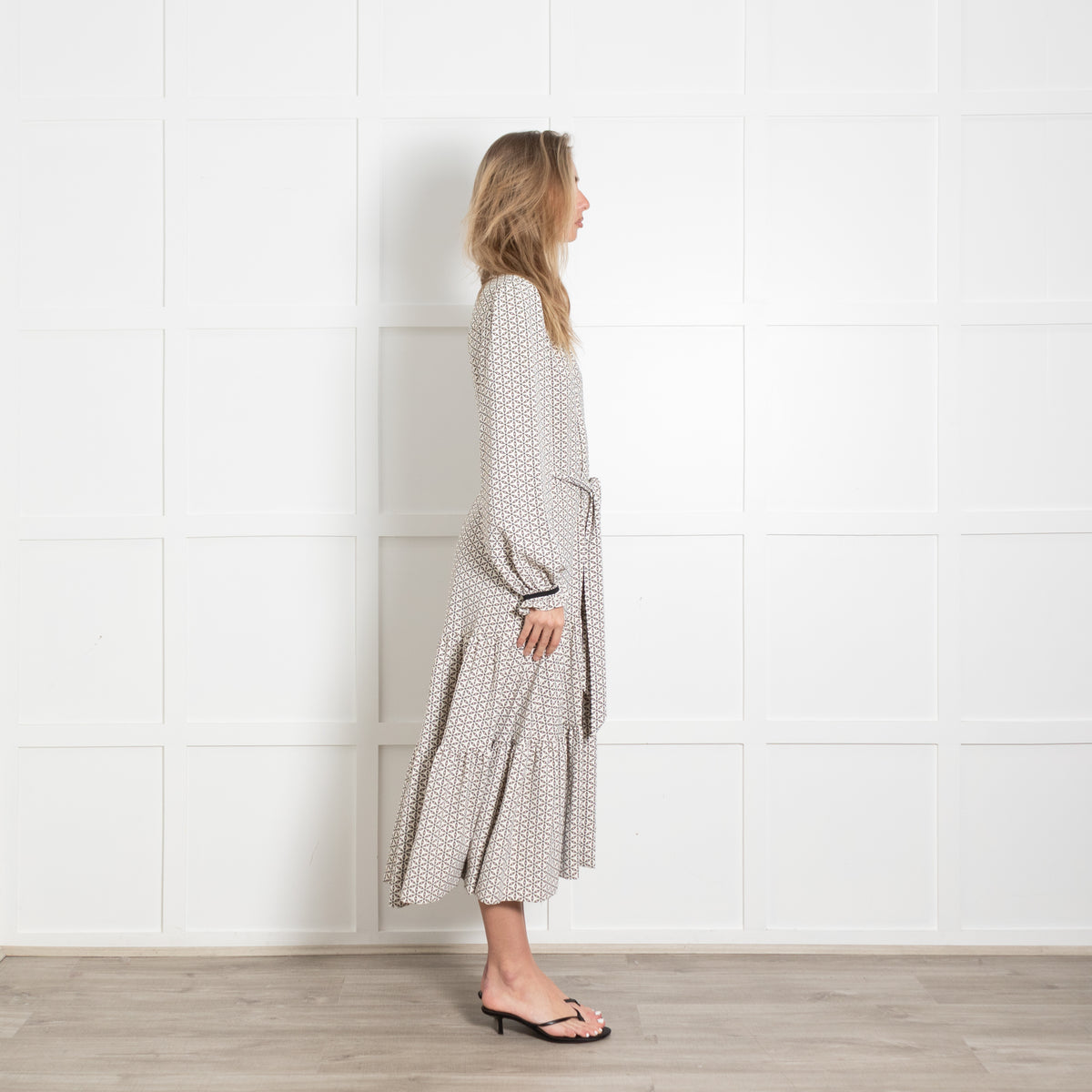 Me + Em Green and White Geometric Maxi Dress with Tie