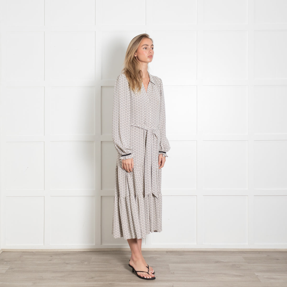 Me + Em Green and White Geometric Maxi Dress with Tie