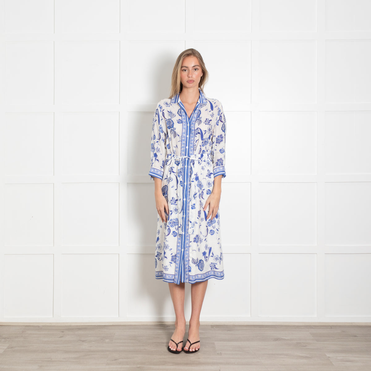 Gerard Darel Blue & White Floral Button Front Linen Dress With Belt