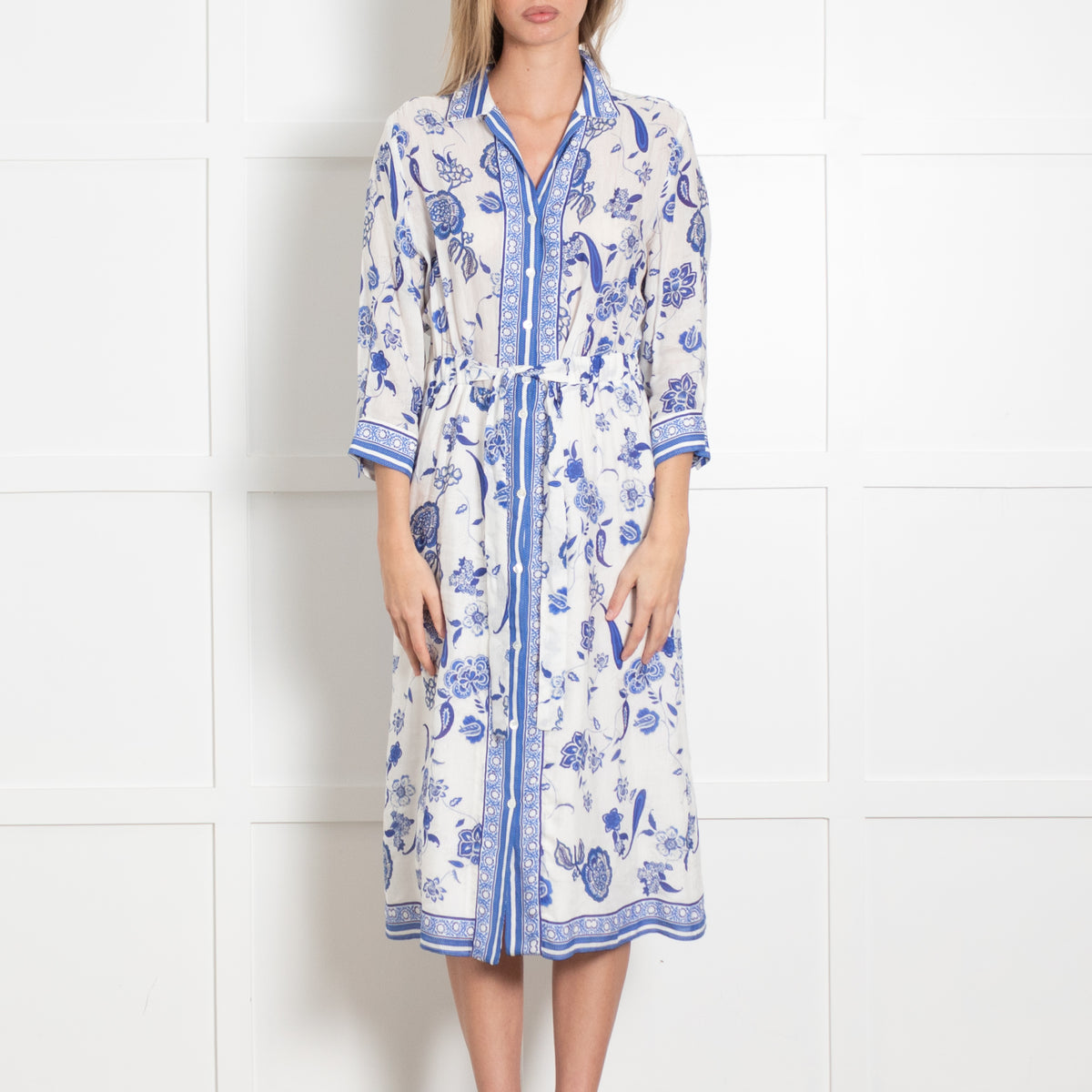 Gerard Darel Blue & White Floral Button Front Linen Dress With Belt