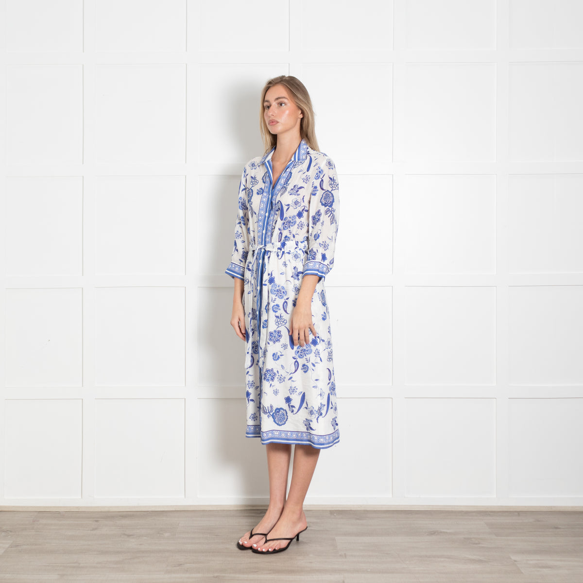 Gerard Darel Blue & White Floral Button Front Linen Dress With Belt