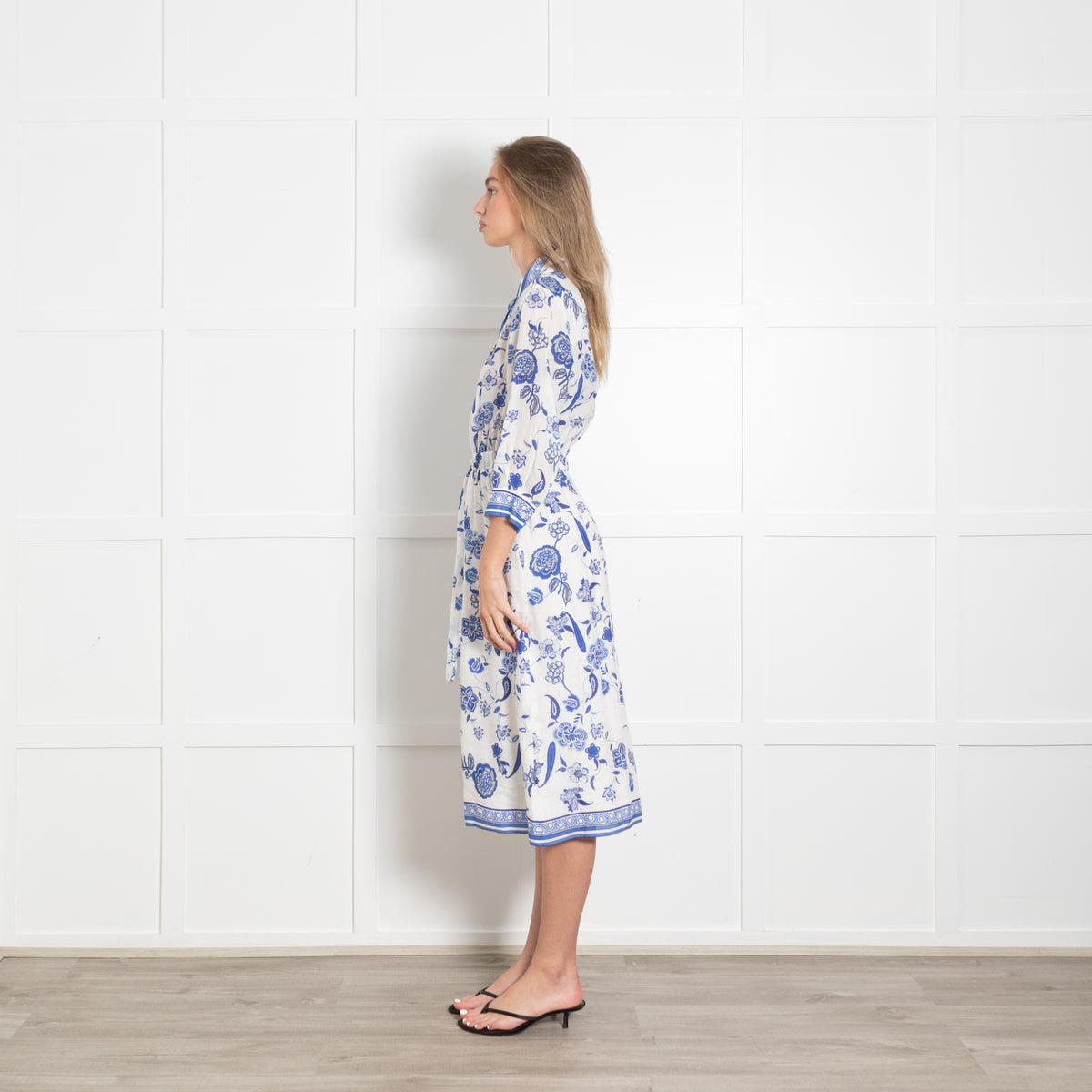 Gerard Darel Blue & White Floral Button Front Linen Dress With Belt