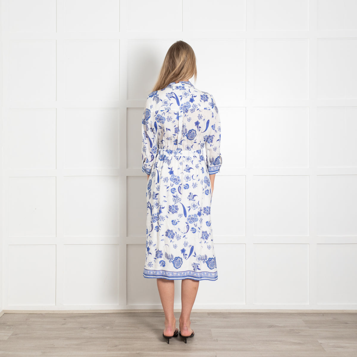 Gerard Darel Blue & White Floral Button Front Linen Dress With Belt