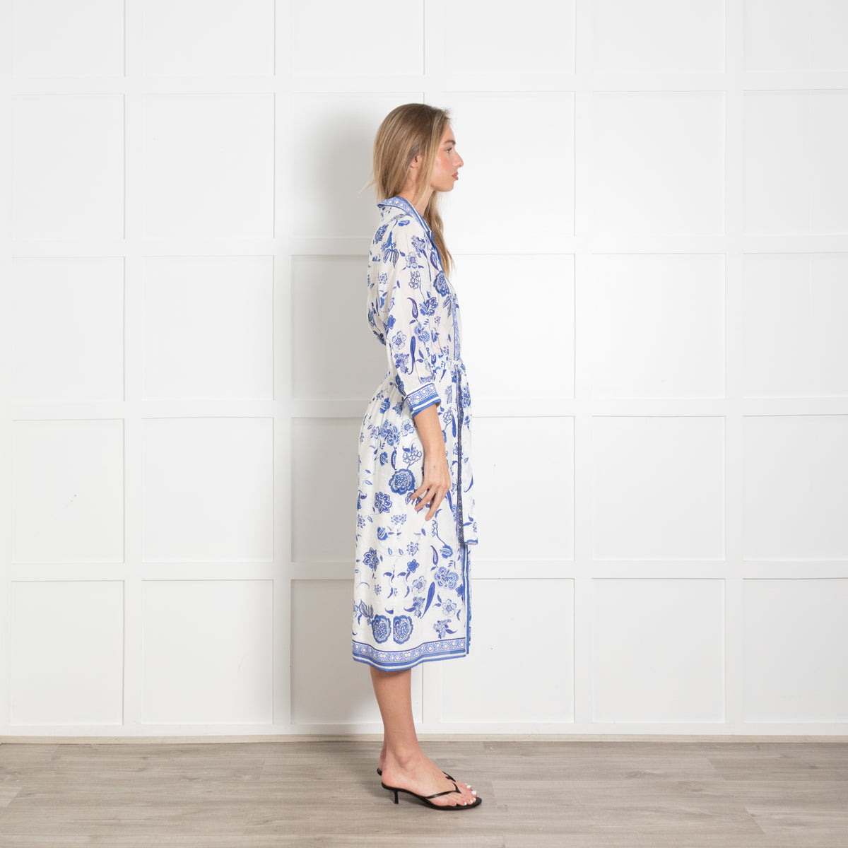 Gerard Darel Blue & White Floral Button Front Linen Dress With Belt