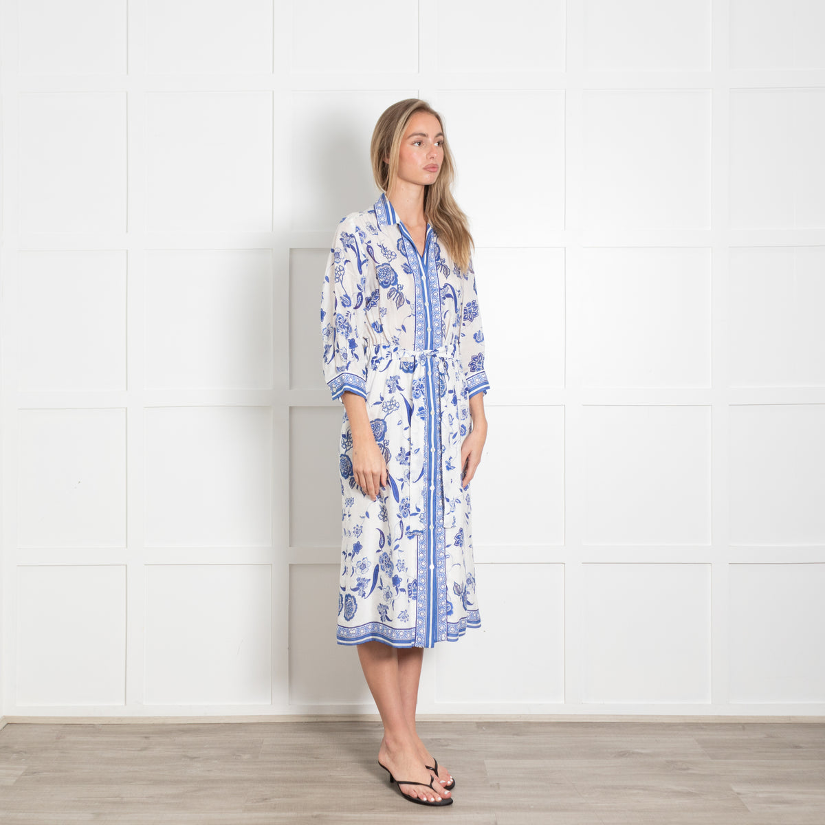 Gerard Darel Blue & White Floral Button Front Linen Dress With Belt