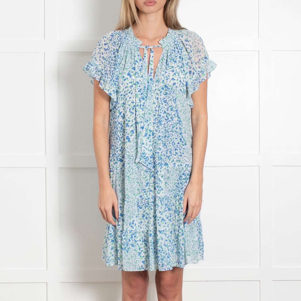Hale Bob Blue And Green Pattern Tie Neck Dress