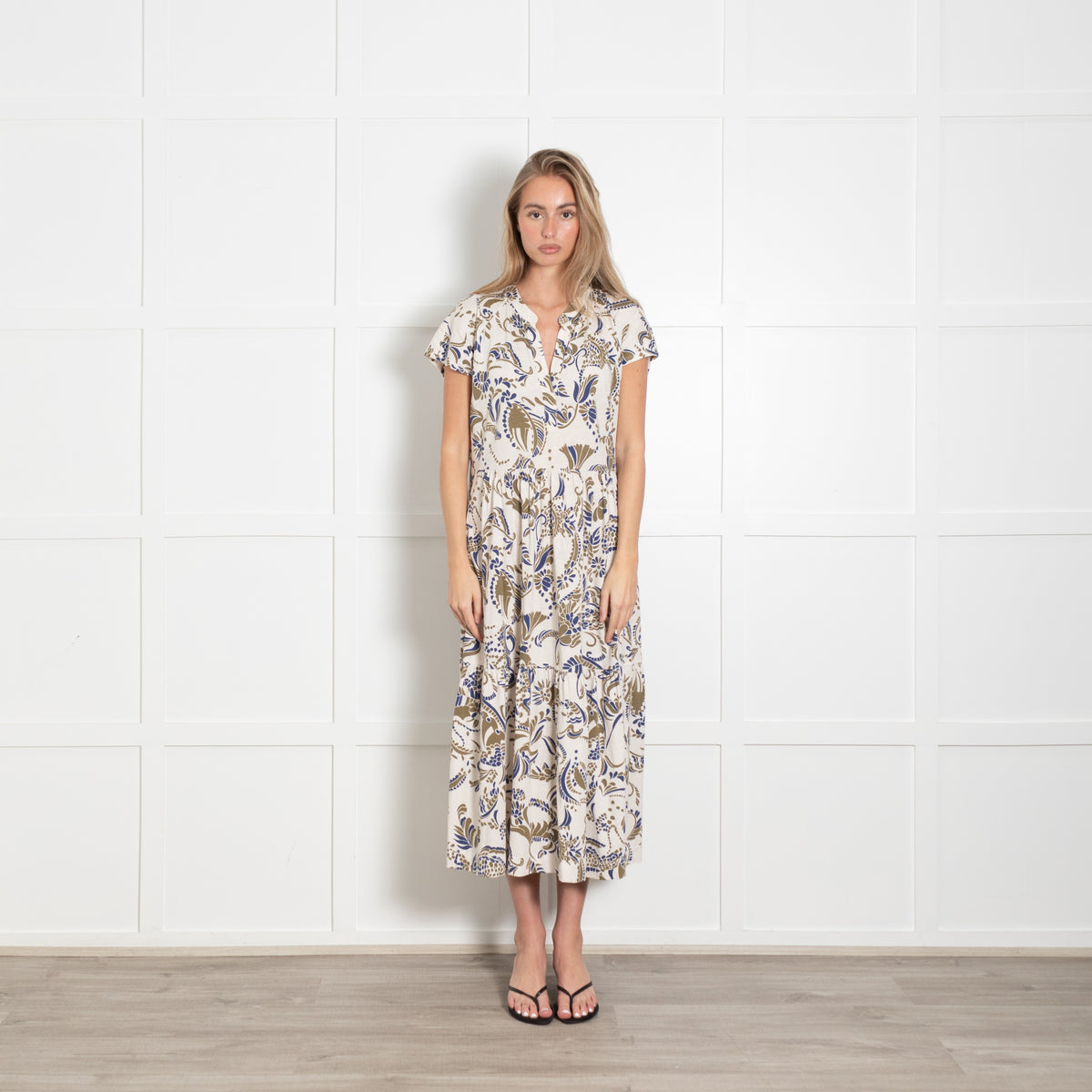 Me + Em Blue and Khaki Floral Cotton Jersey Midi Dress