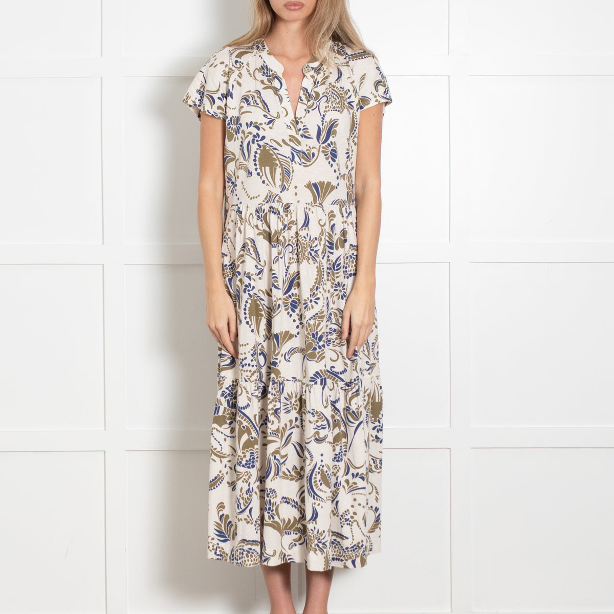 Me + Em Blue and Khaki Floral Cotton Jersey Midi Dress