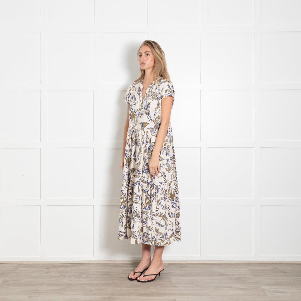 Me + Em Blue and Khaki Floral Cotton Jersey Midi Dress