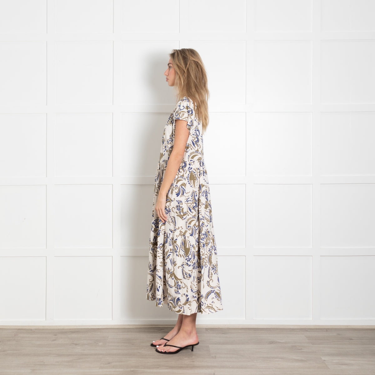 Me + Em Blue and Khaki Floral Cotton Jersey Midi Dress