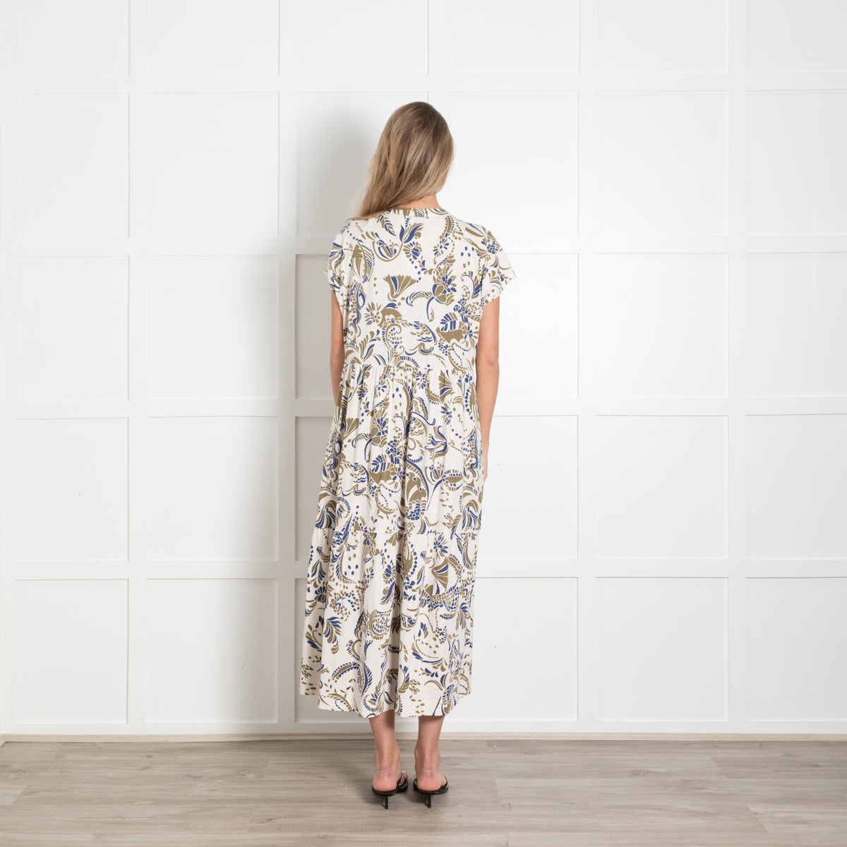Me + Em Blue and Khaki Floral Cotton Jersey Midi Dress