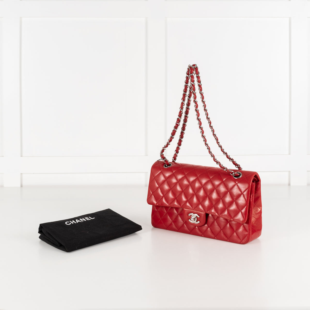 Chanel Medium Red Matelasse Double Flap with Silver Hardware