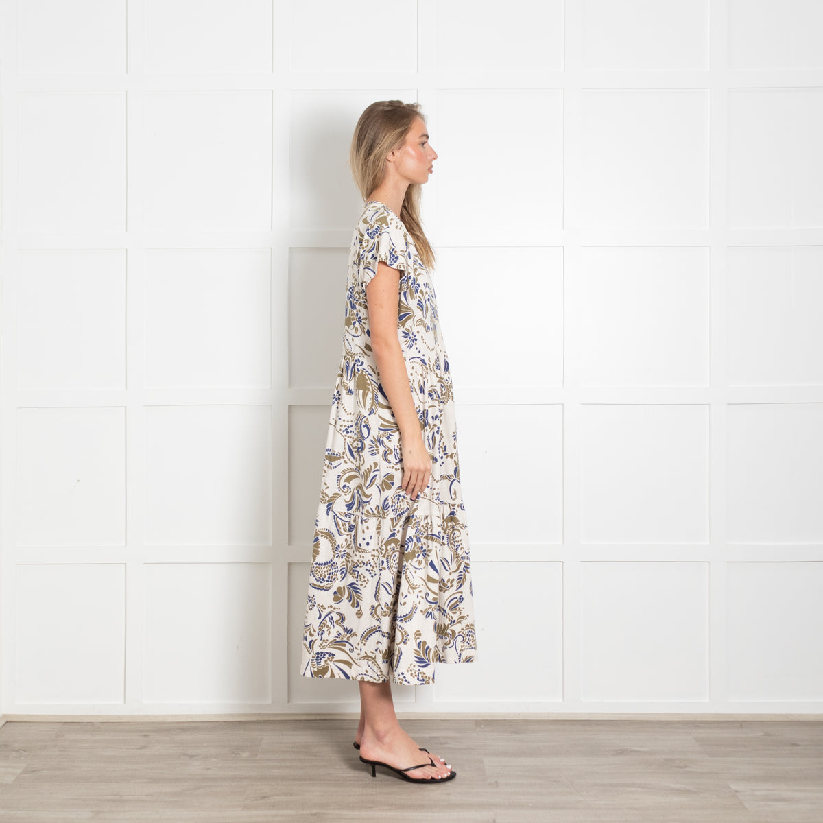 Me + Em Blue and Khaki Floral Cotton Jersey Midi Dress